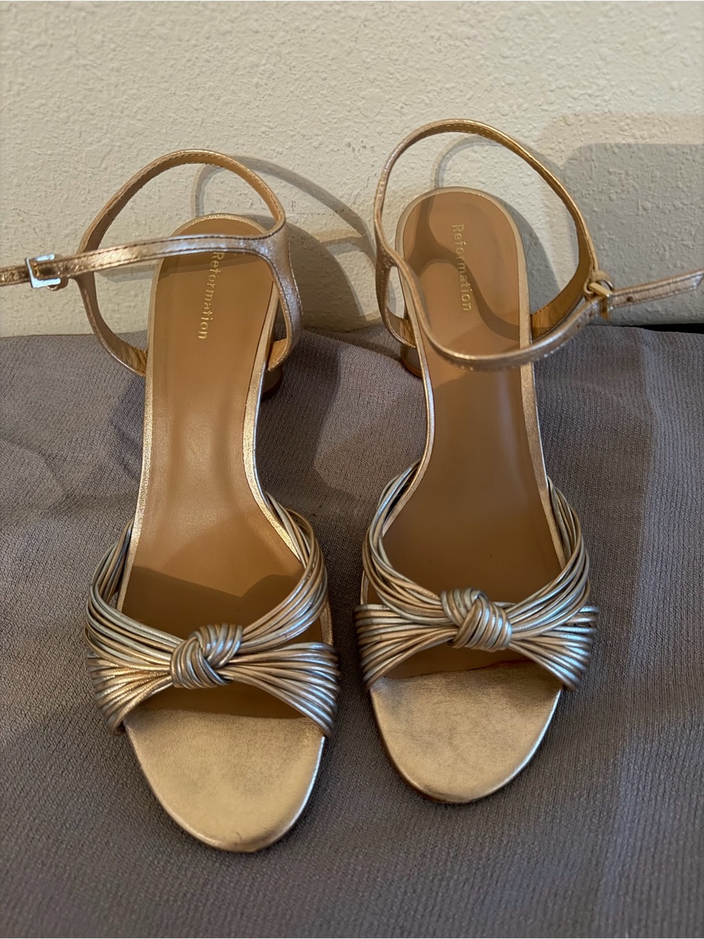 Reformation Gold Knot Front Ankle-Strap Sandals